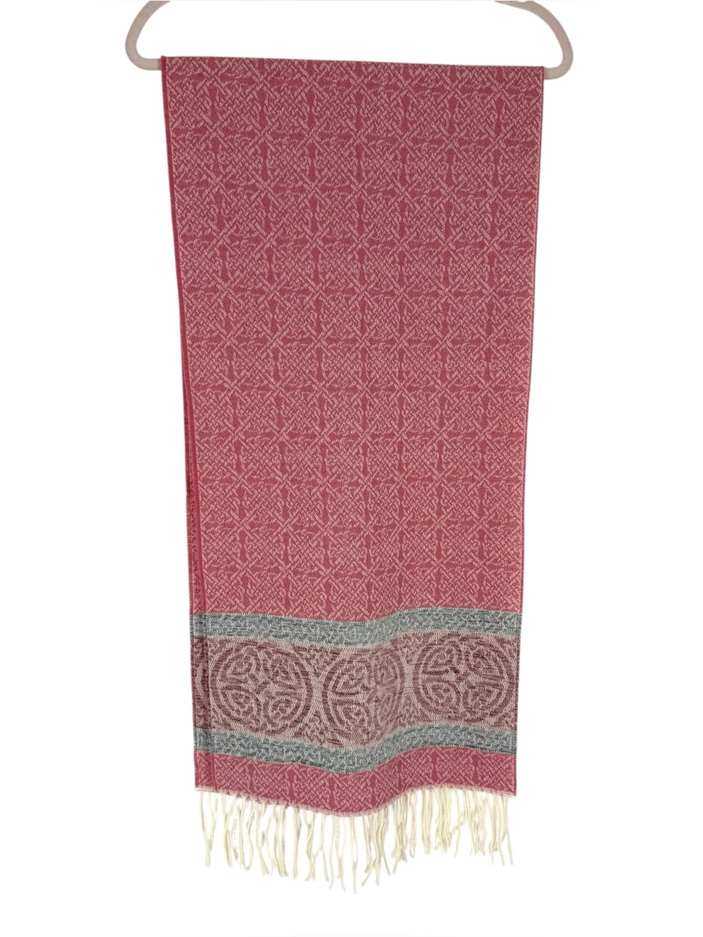 Aran Sweater Market Wool Blend Scarf Pink Woven Classic Rectangle Fringe
